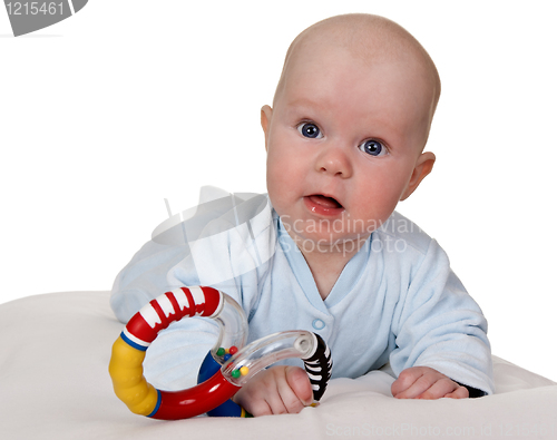 Image of infant with colored plastic toy
