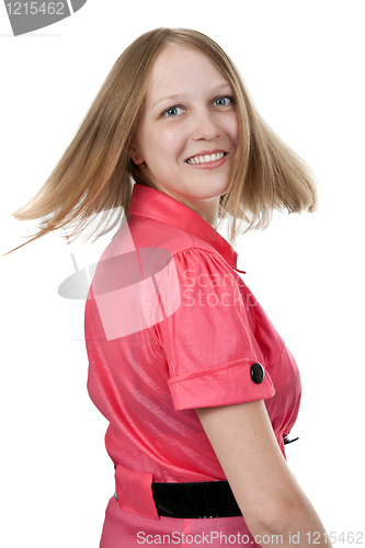 Image of girl in red dress turned back with a smile