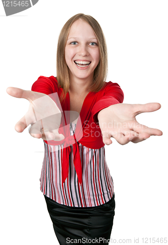 Image of beautiful smiling girl in a bright red blouse