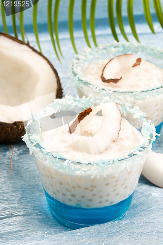 Image of Coconut pudding with tapioca pearls and litchi jelly