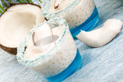 Image of Coconut pudding with tapioca pearls and litchi jelly