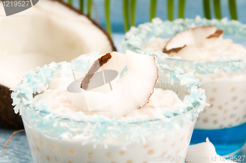 Image of Coconut pudding with tapioca pearls and litchi jelly