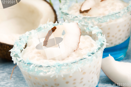 Image of Coconut pudding with tapioca pearls and litchi jelly