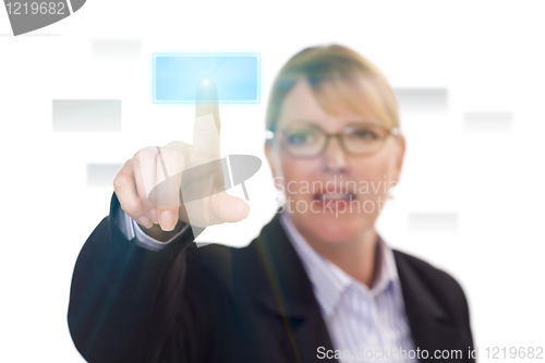 Image of Woman Pushing an Interactive Touch Screen Button