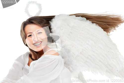 Image of beautiful blonde angel against white background