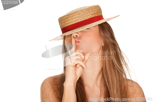 Image of blond woman and straw bonnet