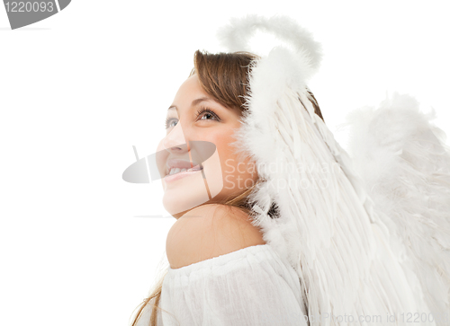 Image of beautiful blonde angel against white background