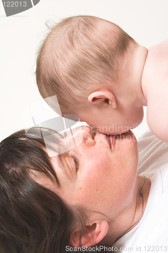 Image of mother kissing baby on cheek