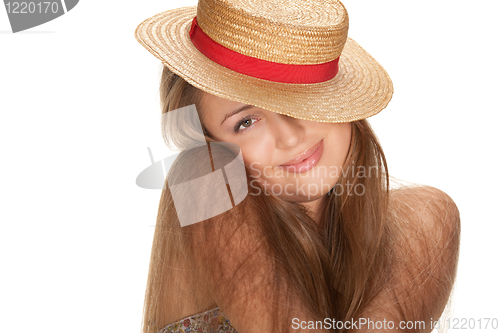 Image of blond woman and straw bonnet