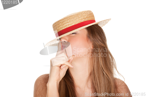 Image of blond woman and straw bonnet