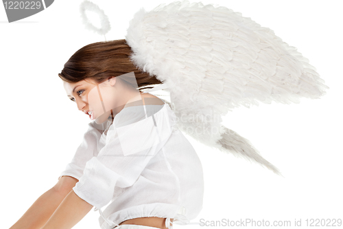 Image of beautiful blonde angel against white background