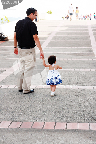 Image of Baby walking like a model with her father