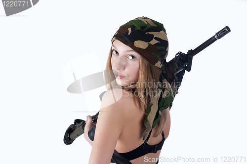 Image of Woman with gun on white