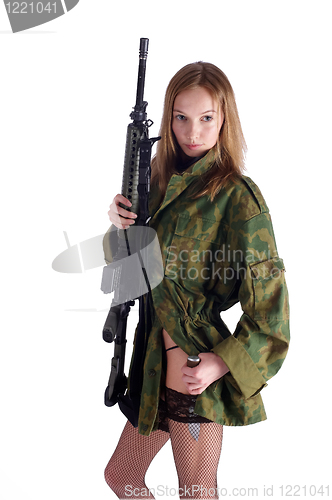 Image of Woman with gun on white