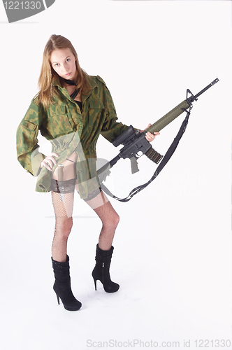 Image of Woman with gun on white