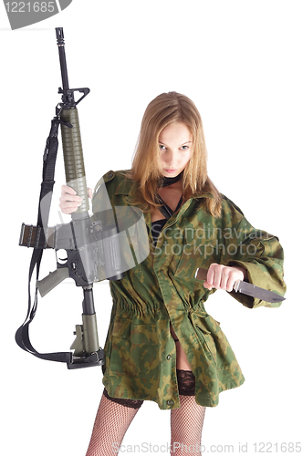 Image of Woman with gun on white