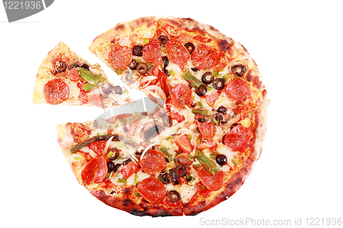 Image of Top view of a sliced pizza