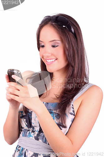 Image of portrait of happy woman with mobile phone 