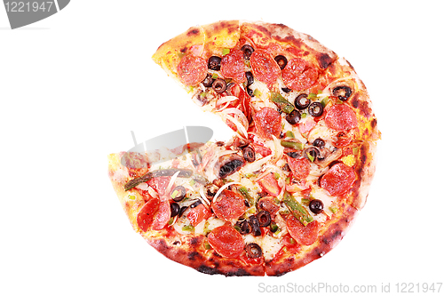 Image of Pizza with one slice removed Isolated on white