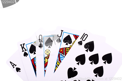 Image of Highest hand in poker, royal flush of spades 