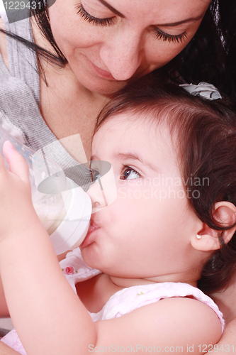 Image of Mother and baby drinking milk from bottle in a white background