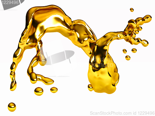 Image of Splash of golden fluid with droplets over white