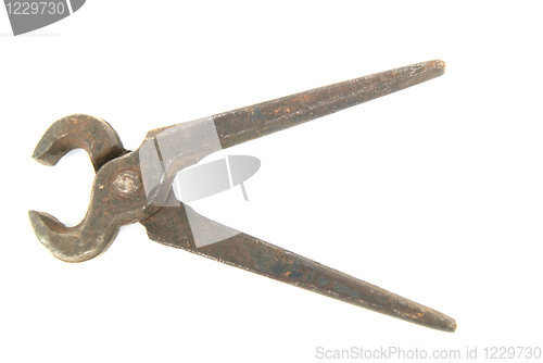 Image of Old rusty pincers on white background