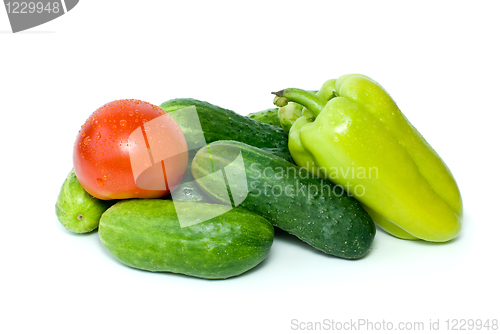 Image of Pile of cucumbers, sweet pepper and tomato