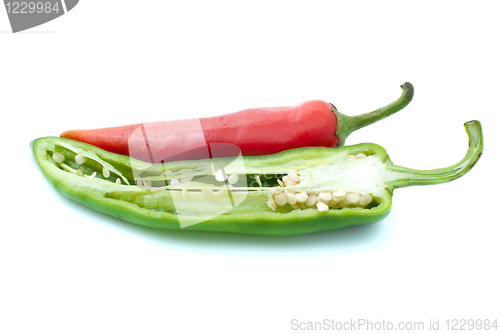 Image of Red chili pepper and half of green