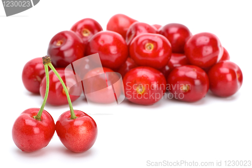 Image of Pile of red ripe cherries and two stand-alone