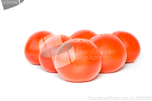 Image of Six tomatoes with waterdrops 