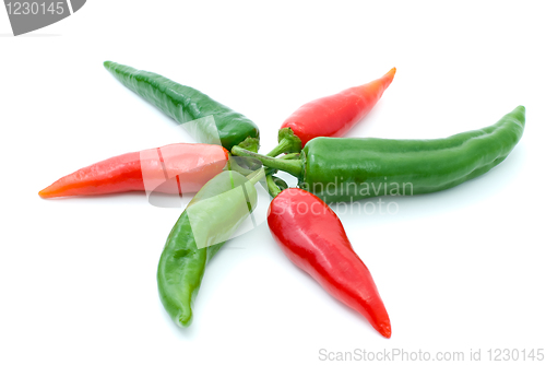 Image of Some red and green hot peppers in form of flower