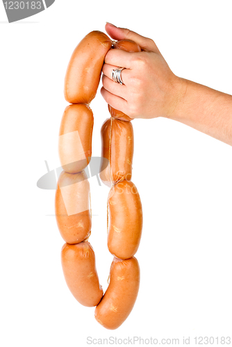 Image of Hand holding sausages chain