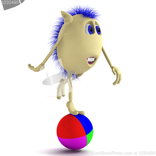 Image of Blue haired 3D puppet balancing on ball