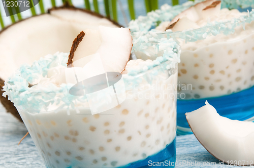 Image of Coconut pudding with tapioca pearls and litchi jelly