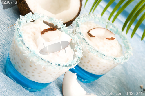 Image of Coconut pudding with tapioca pearls and litchi jelly