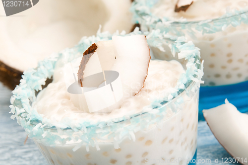 Image of Coconut pudding with tapioca pearls and litchi jelly
