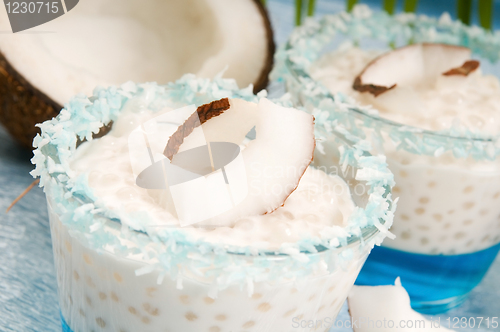 Image of Coconut pudding with tapioca pearls and litchi jelly