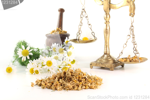 Image of chamomile flowers with mortar and scales