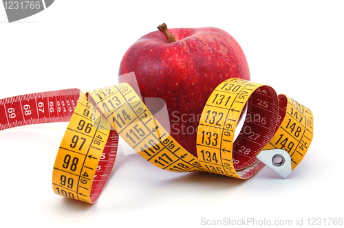 Image of Apple and measuring tape on white