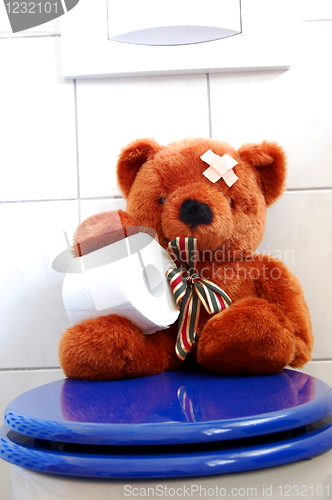 Image of toy teddy bear on wc toilet