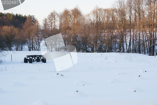 Image of A winter rustical field with an old wagon