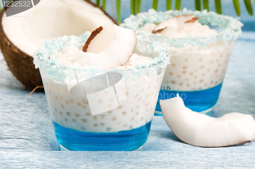 Image of Coconut pudding with tapioca pearls and litchi jelly