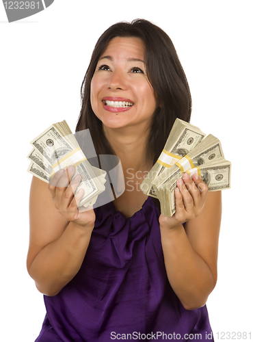 Image of Excited Multiethnic Woman Holding Hundreds of Dollars
