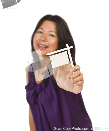 Image of Multiethnic Woman Holding Small Blank Real Estate Sign in Hand