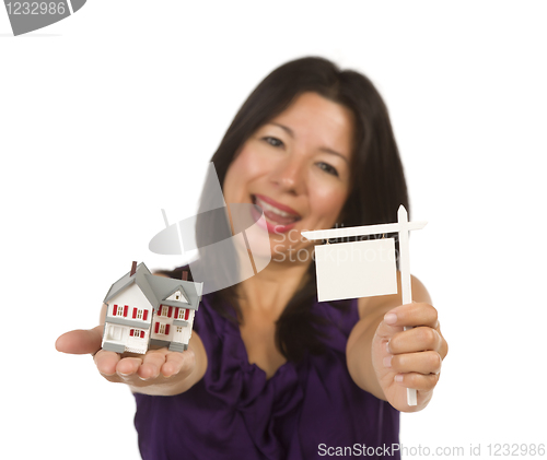 Image of Multiethnic Woman Holding Small Blank Real Estate Sign and House