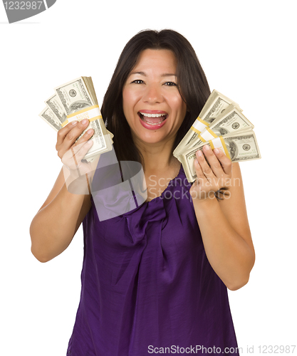 Image of Excited Multiethnic Woman Holding Hundreds of Dollars