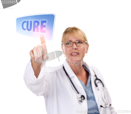 Image of Female Doctor Touching Cure Button on Touch Screen
