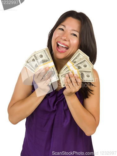 Image of Excited Multiethnic Woman Holding Hundreds of Dollars