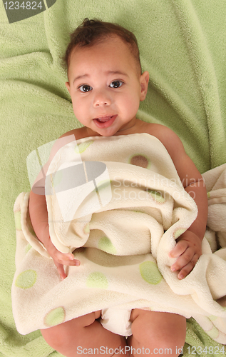 Image of Infant Boy Lying on Baby Blankets Wearing a Diaper